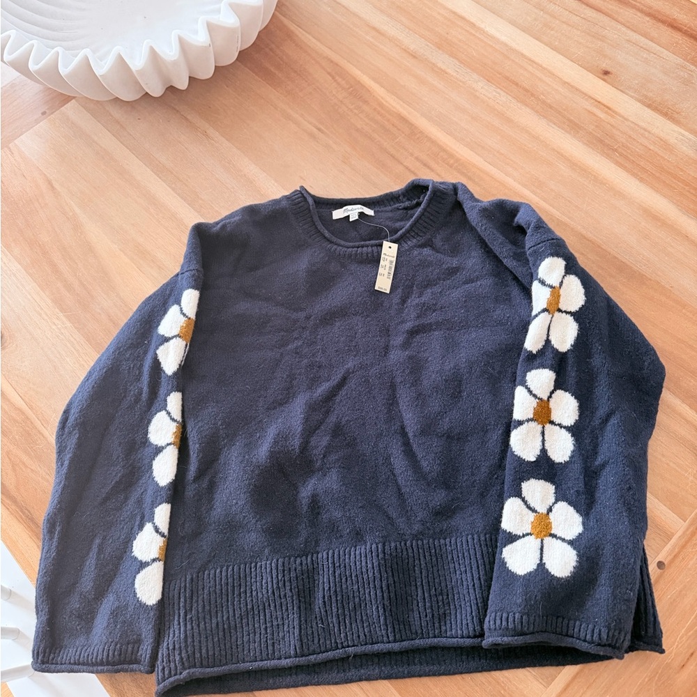 Madewell Floral Sleeve Navy Sweater NWT
